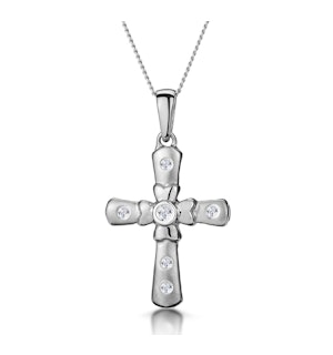 Diamond Inlaid Cross Necklace with Centre Flower in 9K White Gold