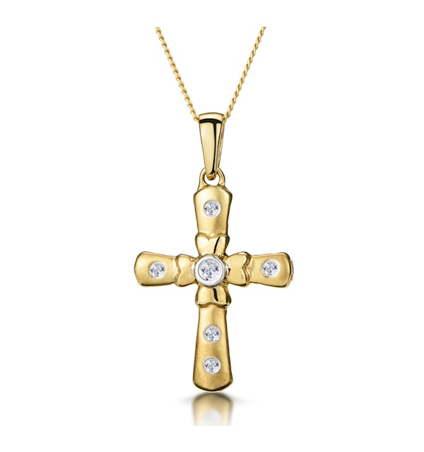 Diamond Inlaid Cross Necklace with Centre Flower in 9K Gold - image 1