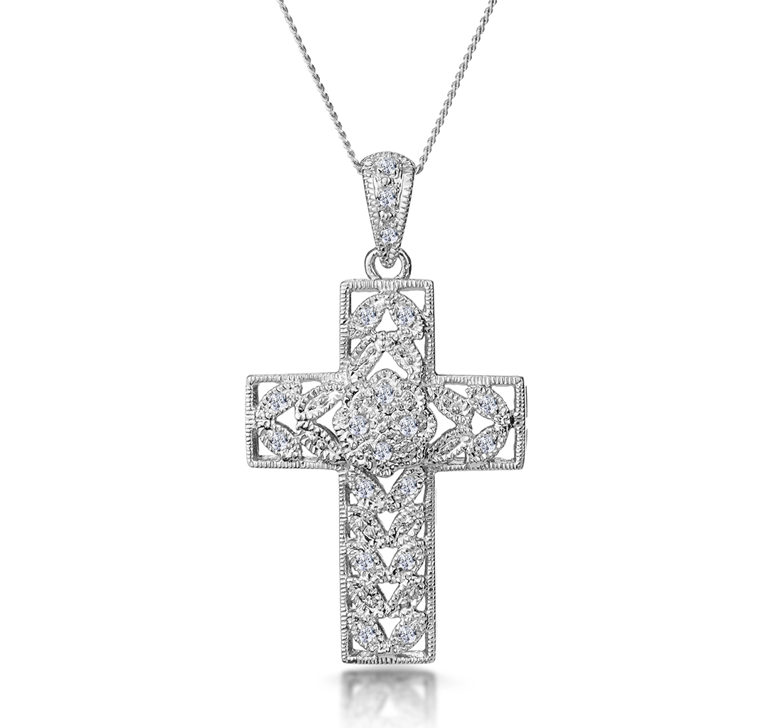 Diamond Pave Filigree Cross Necklace in 9K White Gold