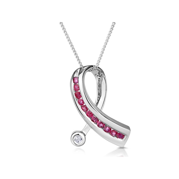Ruby 0.33CT And Diamond 9K White Gold Ribbon Pendant Necklace - Image 1