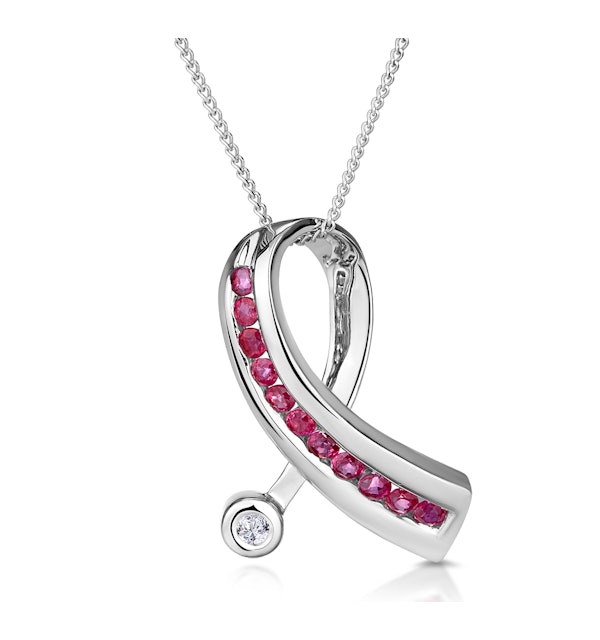 Ruby 0.33CT And Diamond 9K White Gold Ribbon Pendant Necklace - image 1
