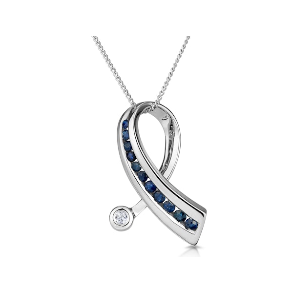 Sapphire And 0.02CT Diamond Ribbon Pendant Necklace 9K White Gold - Image 1