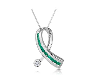 Emerald 0.22CT And Diamond 9K White Gold Ribbon Pendant Necklace