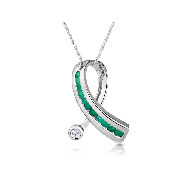 Emerald 0.22CT And Diamond 9K White Gold Ribbon Pendant Necklace - Image 1
