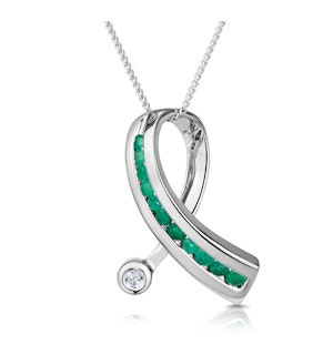 Emerald 0.22CT And Diamond 9K White Gold Ribbon Pendant Necklace