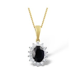 Sapphire 7 x 5mm And Diamond 18K Yellow Gold Pendant Necklace