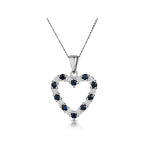 9K White Gold 0.03ct Diamond and Sapphire Heart Pendant Necklace - Image 1