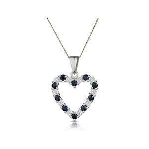 9K White Gold 0.03ct Diamond and Sapphire Heart Pendant Necklace