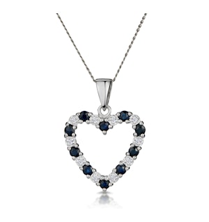 9K White Gold 0.03ct Diamond and Sapphire Heart Pendant Necklace