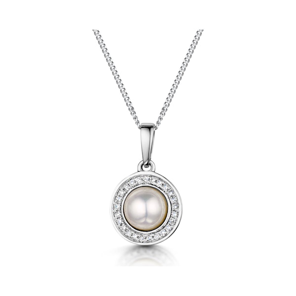 Pearl and Diamond Halo Stellato Pendant Necklace in 9K White Gold - Image 1