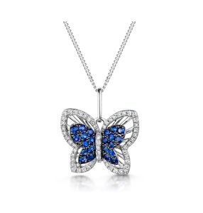 Stellato Sapphire and Diamond Butterfly Pendant Necklace 9K White Gold