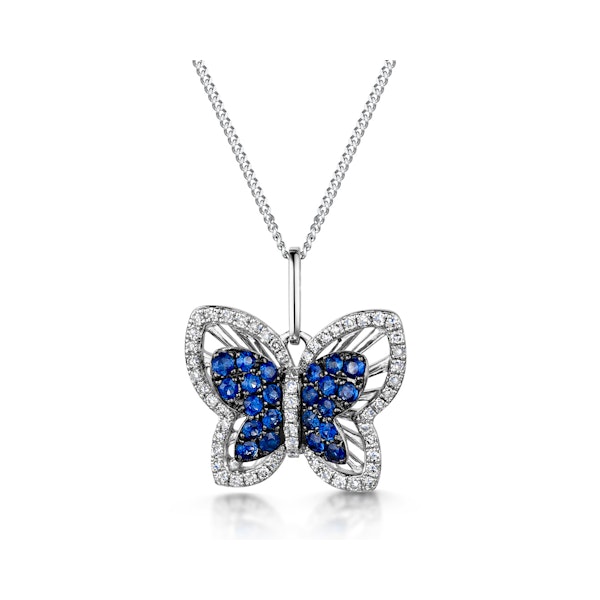 Stellato Sapphire and Diamond Butterfly Pendant Necklace 9K White Gold - Image 1
