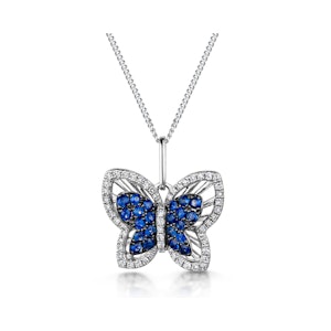 Stellato Sapphire and Diamond Butterfly Pendant Necklace 9K White Gold