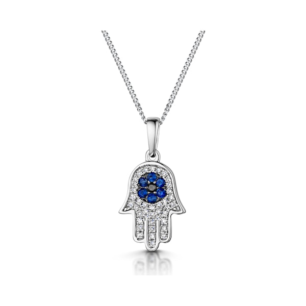 Sapphire Black Diamond Hamsa Evil Eye Pendant Necklace 9K White Gold - Image 1