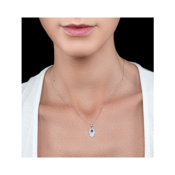 Sapphire Black Diamond Hamsa Evil Eye Pendant Necklace 9K White Gold - Image 2