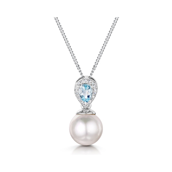 Pearl and Blue Topaz and Diamond Pendant Necklace in 9K White Gold - Image 1