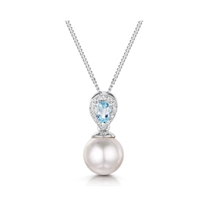Pearl and Blue Topaz and Diamond Pendant Necklace in 9K White Gold