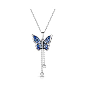 Stellato Sapphire Diamond Butterfly Pendant Necklace 9K White Gold