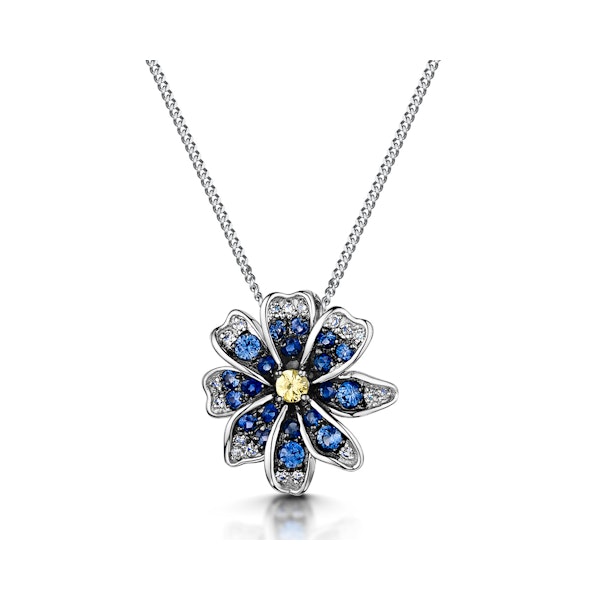 Blue and Yellow Sapphire Diamond Pendant Necklace in 9K White Gold - Image 1