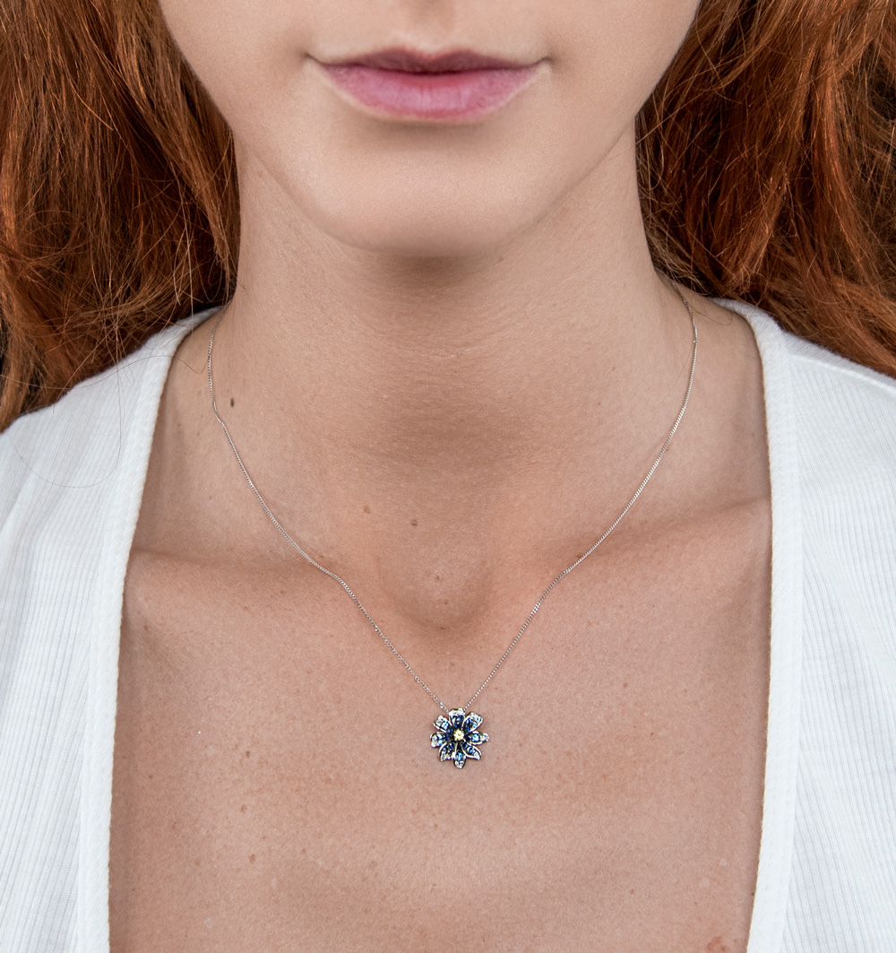 Blue and Yellow Sapphire Diamond Pendant Necklace in 9K White Gold