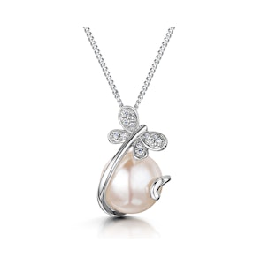 Button Pearl and Diamond Stellato Pendant Necklace in 9K White Gold