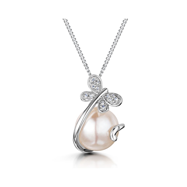 Button Pearl and Diamond Stellato Pendant Necklace in 9K White Gold - Image 1