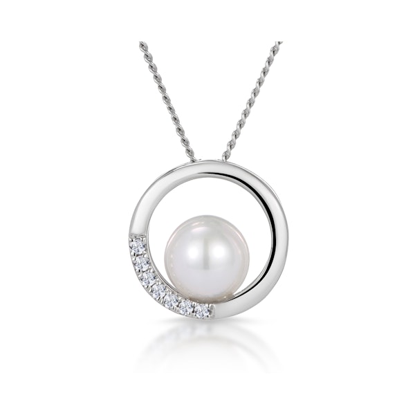 Pearl and Diamond Circle Stellato Necklace in 9K White Gold - Image 1
