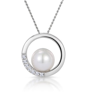Pearl and Diamond Circle Stellato Necklace in 9K White Gold