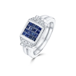 9K White Gold Diamond and Sapphire Reversable Ring - SIZE L
