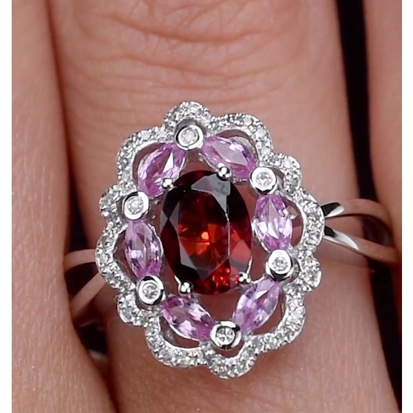 Garnet Pink Sapphire and Diamond Stellato Ring 0.14ct in 9K White Gold SIZES AVAILABLE L - Image 4