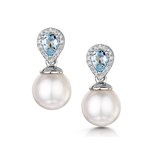 7.5mm Pearl Blue Topaz and Diamond Stellato Earrings in 9K White Gold - Image 1
