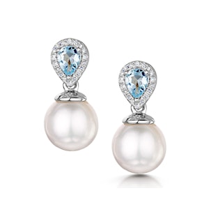 7.5mm Pearl Blue Topaz and Diamond Stellato Earrings in 9K White Gold