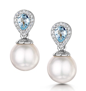 7.5mm Pearl Blue Topaz and Diamond Stellato Earrings in 9K White Gold