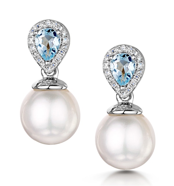 7.5mm Pearl Blue Topaz and Diamond Stellato Earrings in 9K White Gold - image 1