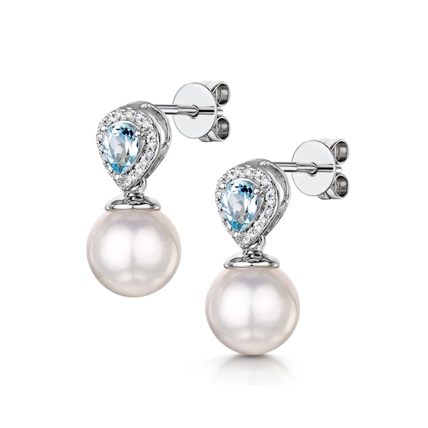 7.5mm Pearl Blue Topaz and Diamond Stellato Earrings in 9K White Gold - Image 3