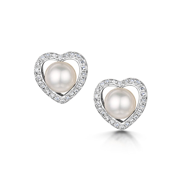 Stellato Collection Pearl and Diamond Heart Earrings in 9K White Gold - Image 1
