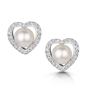 Stellato Collection Pearl and Diamond Heart Earrings in 9K White Gold