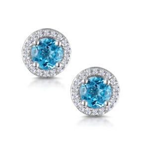 Swiss Blue Topaz and Diamond Halo Stellato Earrings in 9K White Gold