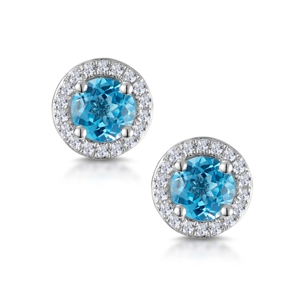 Swiss Blue Topaz and Diamond Halo Stellato Earrings in 9K White Gold - Image 1