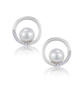 Stellato Circle and Pearl Diamond Earrings in 9K White Gold