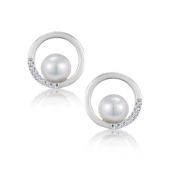 Stellato Circle and Pearl Diamond Earrings in 9K White Gold - Image 1