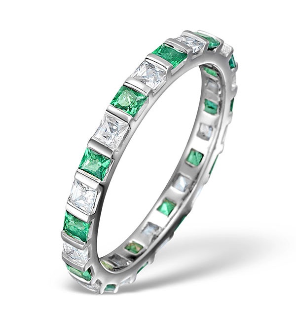 Emerald 0.60ct And H/SI Diamond 18KW Gold Eternity Ring - image 1