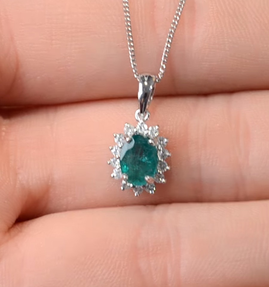 Emerald 0.80CT And Diamond 18K White Gold Pendant Necklace