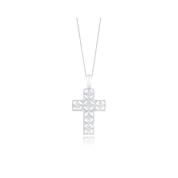0.10ct Diamond Filigree Cross Necklace in 9K White Gold - Image 1