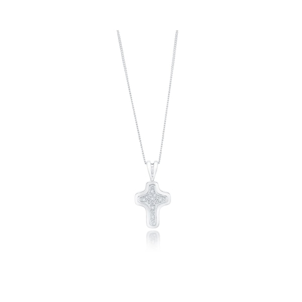 Diamond Cross Necklace with Curved Edges in 9K White Gold - Image 1