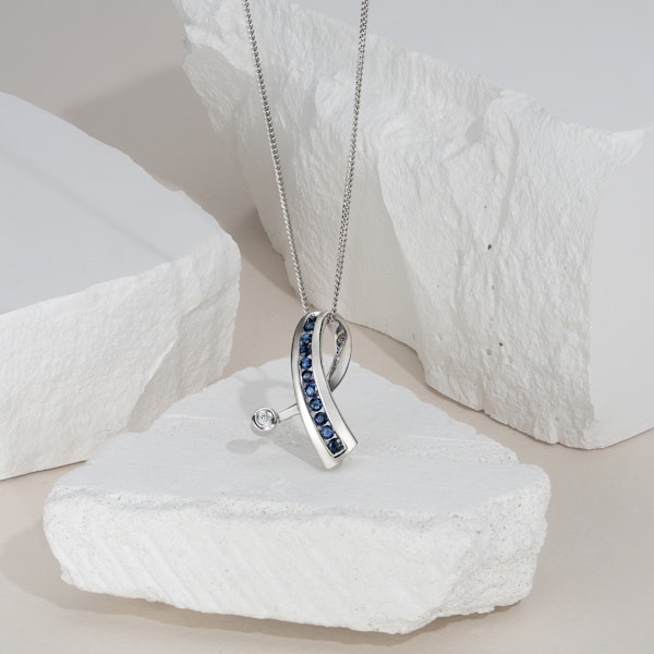 Sapphire And 0.02CT Diamond Ribbon Pendant Necklace 9K White Gold - Image 2