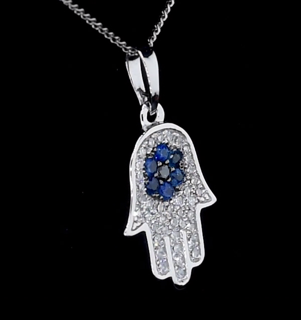 Sapphire Black Diamond Hamsa Evil Eye Pendant Necklace 9K White Gold