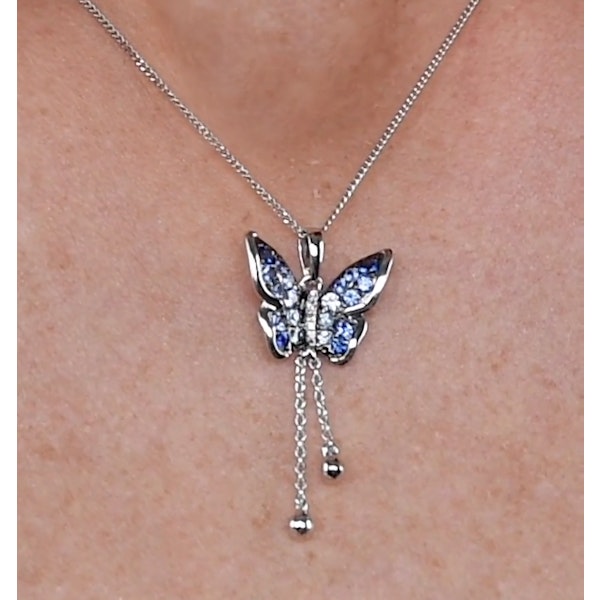 Stellato Sapphire Diamond Butterfly Pendant Necklace 9K White Gold - Image 3
