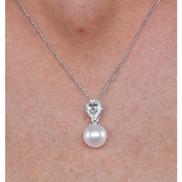 Pearl and Blue Topaz and Diamond Pendant Necklace in 9K White Gold - Image 3