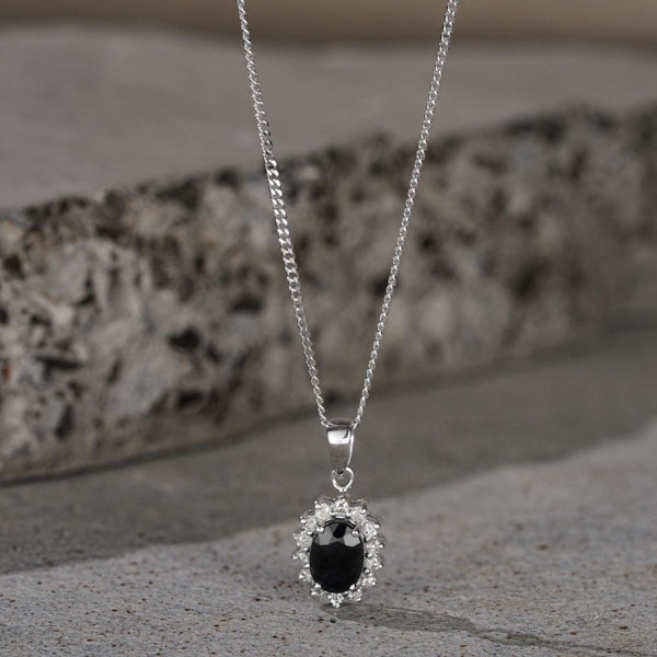 Sapphire 7 x 5mm And Diamond 9K White Gold Pendant Necklace - Image 4